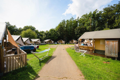 Safari telte og hytter ved Camping La Colline i Belgien med grønne områder og skov i baggrunden.