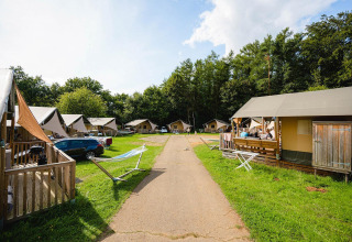 Tiendas safari en Camping La Colline, Bélgica, con zonas verdes y árboles, ambiente relajado y soleado.