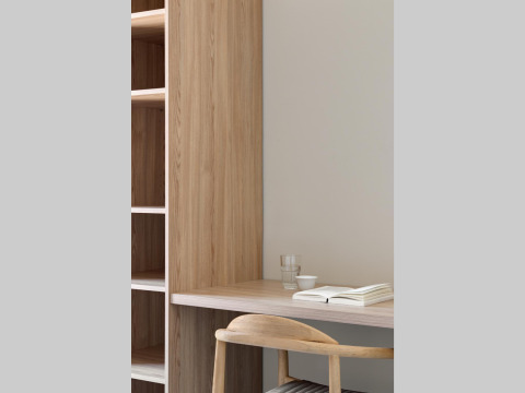 Escritorio minimalista con estantería, silla, vaso de agua, taza y libro en Waterlodge Workation, Países Bajos.