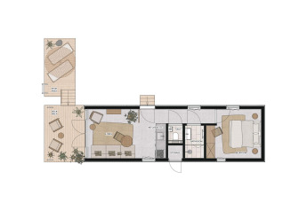 Plattegrond Waterlodge Workation tiny house met leefruimte, kitchenette, badkamer, slaapkamer en twee terrassen.
