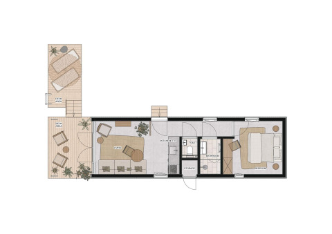 Plan du Waterlodge Workation tiny house avec salon, kitchenette, salle de bain, chambre et deux terrasses extérieures.
