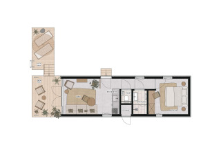 Plantegning af Waterlodge Workation tiny house med stue, køkken, bad, soveværelse og to udendørs terrasser.