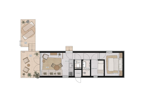 Plantegning af Waterlodge på Resort de Parel, Holland, med stue, køkkenniche, to soveværelser og dæk.