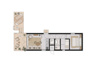 Plattegrond van Waterlodge bij Resort de Parel, Nederland, met woonkamer, kitchenette, slaapkamers en terrassen.