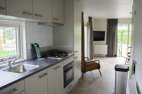 Cucina moderna e soggiorno nella Veluwelodge XL presso Holiday park De Boshoek, Paesi Bassi, con finestre ampie.