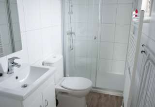 Bagno moderno con lavandino, WC e doccia nella Veluwelodge XL al Holiday park De Boshoek, Paesi Bassi.