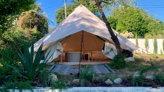 Safari tent Oliveira Bell Standard Bell Tent met open ingang, omringd door groene planten en zonlicht.