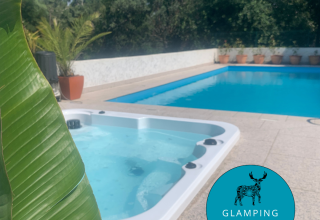 Udendørs pool og spabad ved Azalea Cabin på Glamping de Cerveira, Portugal, omgivet af grønne planter.
