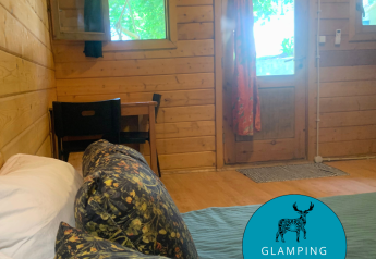 Vista interna della Azalea Cabin al Glamping de Cerveira in Portogallo, con pareti in legno e luce naturale.