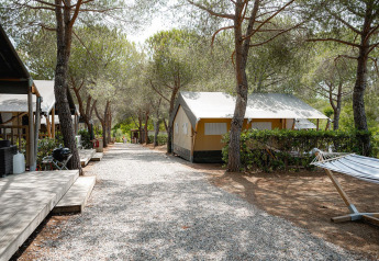 Safaritent Villatent Wood op Camping Casa dei Prati in Italië met kiezelpad, pijnbomen en een hangmat.