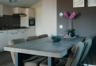 Comedor moderno y cocina en Veluwe lounge + sauna en Holiday park De Boshoek, Países Bajos.