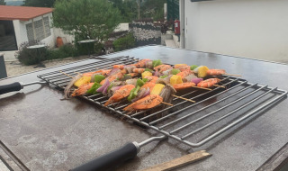 Brochetas de camarones y verduras en una parrilla en Glamping de Cerveira, Portugal, con hermosa vista exterior.