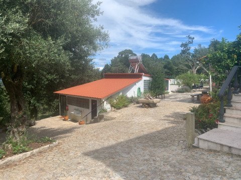 Stenbelagt sti og bygninger i Glamping de Cerveira, feriepark i det nordlige Portugal, omgivet af natur.