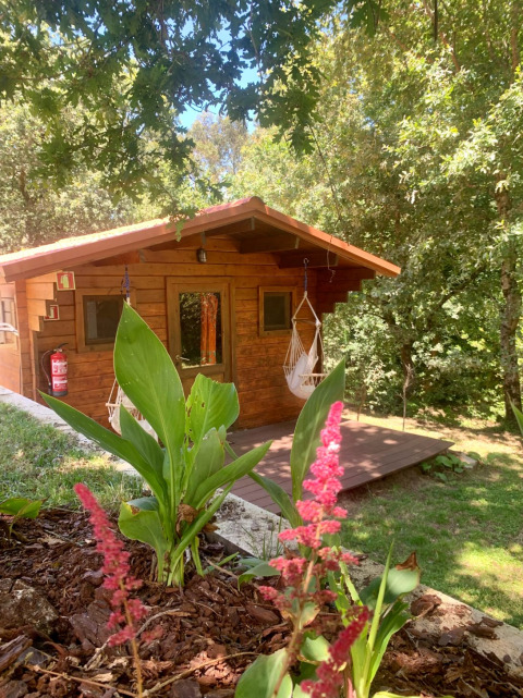 Cabaña Azalea en Glamping de Cerveira, Portugal, una cabaña de madera rodeada de árboles y flores vibrantes.