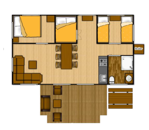 Plan de la Glampinglodge GL au Holiday Park BreeBronne aux Pays-Bas, avec chambres, salon et cuisine.