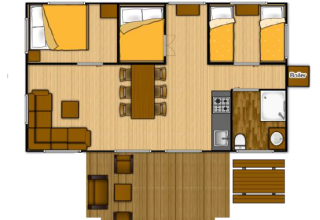 Plattegrond van Glampinglodge GL bij Holiday Park BreeBronne in Nederland met slaapkamers en keuken.