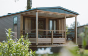 Tiny Lodge tiny house at Holiday park De Boshoek in the Netherlands, featuring a covered porch and greenery.
