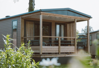 Kleines, modernes Haus im Ferienpark De Boshoek in den Niederlanden mit Veranda und Gartenblick.