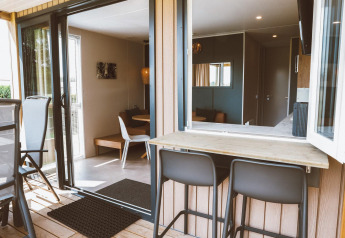 Espace intérieur et extérieur au Tiny Lodge du Holiday Park De Boshoek, aux Pays-Bas, avec déco moderne.