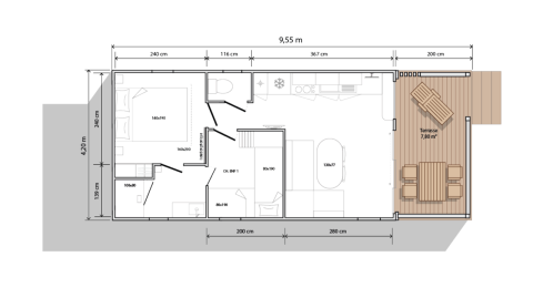 Plano de Tiny Lodge en Holiday park De Boshoek, Países Bajos, mostrando medidas de habitaciones y terraza.