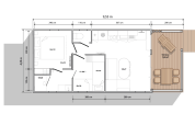 Plattegrond van Tiny Lodge in Holiday park De Boshoek, Nederland, met kamer- en terrasafmetingen.