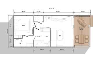 Plattegrond van Tiny Lodge in Holiday park De Boshoek, Nederland, met kamer- en terrasafmetingen.