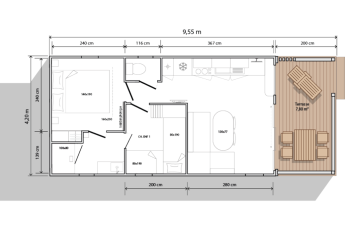 Floor plan of Tiny Lodge at Holiday park De Boshoek in the Netherlands with detailed room and terrace size.