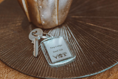 Juego de llaves con etiqueta 'Tiny Lodge Geel 125' en una mesa, tomada en Holiday park De Boshoek, Países Bajos.