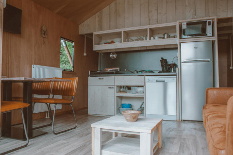 Cocina moderna y sala en la Tiny Safari House del parque vacacional De Boshoek en los Países Bajos.