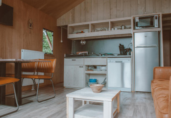 Moderne minikøkken og opholdsrum i Tiny Safari House i De Boshoek-feriepark, Holland.