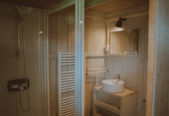 Bagno con doccia e lavandino nella Tiny Safari House, parco vacanze De Boshoek, Paesi Bassi.
