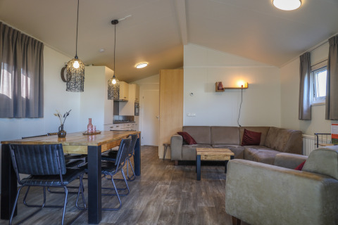Gezellige woon- en eetruimte in Veluwe Lounge, vakantiepark De Boshoek, Nederland, met moderne inrichting.