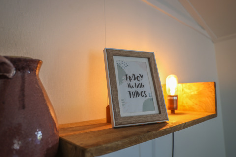 Cozy shelf in Veluwe Lounge at Holiday park De Boshoek, Netherlands, with frame and warm lighting.