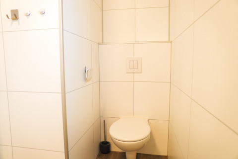 Moderne, minimalistisk badeværelse på Veluwe Lounge i Holiday park De Boshoek med væghængt toilet.