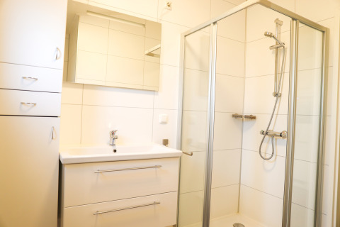 Baño moderno con ducha, espejo y lavabo en Veluwe Lounge, Holiday park De Boshoek, Países Bajos.