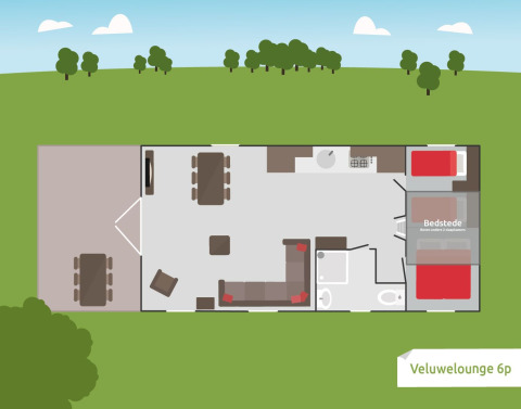 Plantegning af Veluwe Lounge lodge til 6 personer i De Boshoek feriepark med fremhævede rum og terrasser.