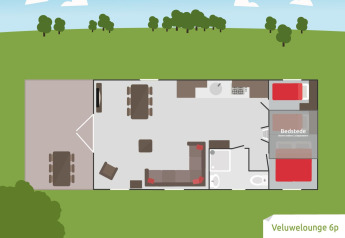 Grondplan van Veluwe Lounge lodge voor 6 personen in vakantiepark De Boshoek, met kamers en terrassen.