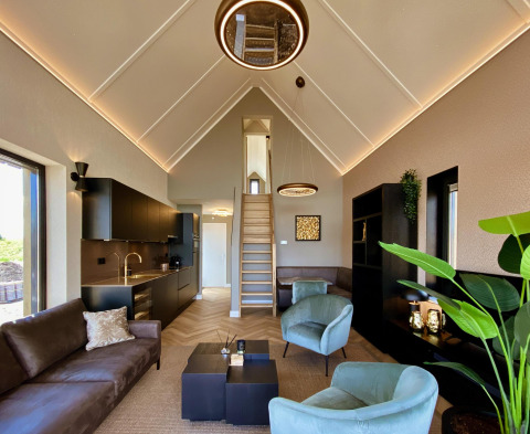 Moderne living in tiny house Villa Oesterdam Royal te Oesterdam Resort, Nederland, met mezzanine en keuken.