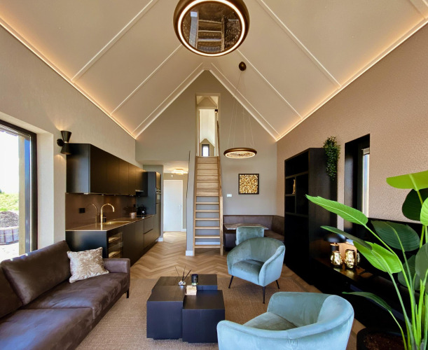 Modernes Wohnzimmer in einem Tiny House der Villa Oesterdam Royal, Oesterdam Resort, mit Küche und Loft.