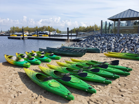 Varios kayaks verdes alineados en la arena, cerca de un embarcadero en Oesterdam Resort, Países Bajos.