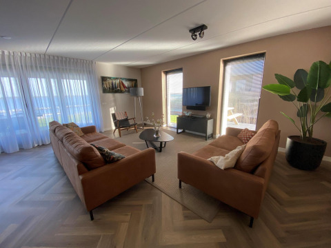 Wohnzimmer mit zwei braunen Sofas, großen Fenstern und Zimmerpflanze in der Villa Oesterdam Comfort Extra, Oesterdam Resort.