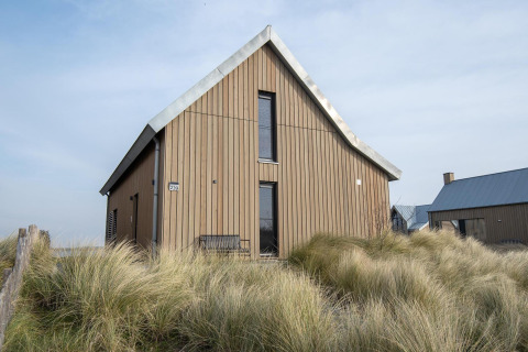 Tiny house Villa Oesterdam Deluxe aan Oesterdam Resort in Nederland, omringd door gras en houten gevel.