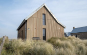 Tiny house Villa Oesterdam Deluxe presso Oesterdam Resort nei Paesi Bassi, circondata da erba e legno.