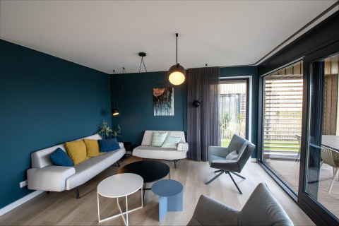 Moderne woonkamer in Villa Oesterdam Deluxe bij Oesterdam Resort in Nederland, stijlvolle aankleding en ramen.