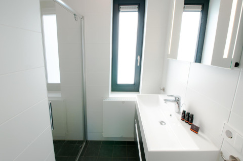 Baño moderno con lavabo grande, ducha de cristal y ventana en Villa Oesterdam, Oesterdam Resort, Países Bajos.