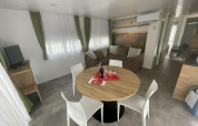 Moderne leefruimte in Cottage Hot tub aan Ossiacher See, Oostenrijk, met eettafel, zetel en tv.