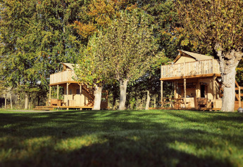Twee safaritenten bij Resort de Parel in Nederland, omgeven door groen gras en hoge bomen.