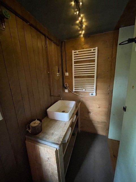 Baño acogedor con paredes de madera, lavabo, radiador toallero y luces de techo en un sitio de glamping.