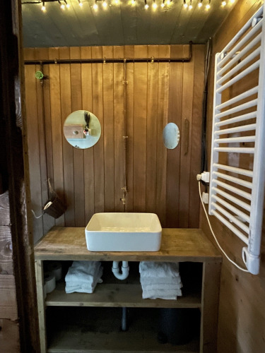 Rustieke boomhutbadkamer met een houten aanrecht, vierkante wastafel, ronde spiegels en strijklicht erboven.