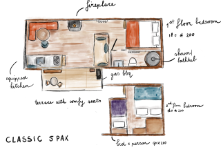 Handgetekend grondplan van Classic 5 Pax-hut van Cosy Cabins, met keuken, terras en slaapkamers.